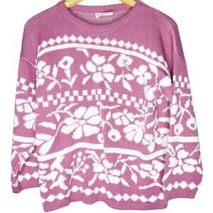 Vintage Mackinaw Woolens Pink White Chunky Knit Crewneck Sweater Size Medium